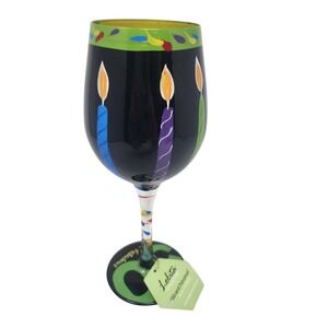 Lolita 50 and Fabulous Wine Glass Hand Painted Birthday Candle Artisan Glassware